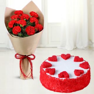 Bunch of 10 red carnations with red velvet cake 