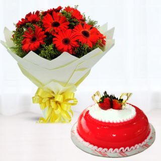 Bunch of 10 red gerberas with strawberry cool cake 