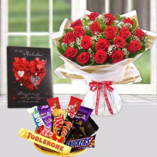 bunch of 10 red roses,Basket of mix assorted chocolates, valentine Greeting card