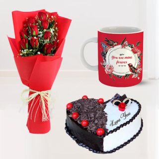 Bunch of 10 red roses , half kg heart shape black forest cake with photo mug 