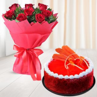 Bunch of 10 red roses with red velvet cake 