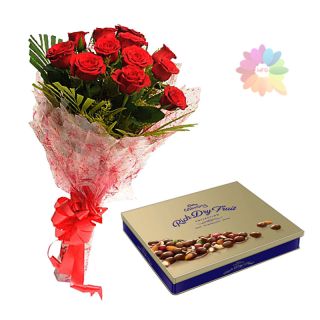 Bunch of 10 red roses with cadburys premium chocolates