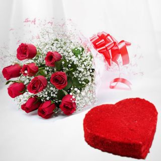 Bunch of 10 red roses with heart shape red velvet cake 