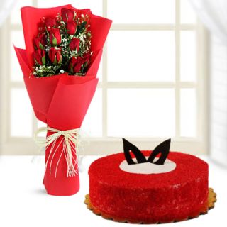 Bunch of 10 red roses with red velvet cool cake 
