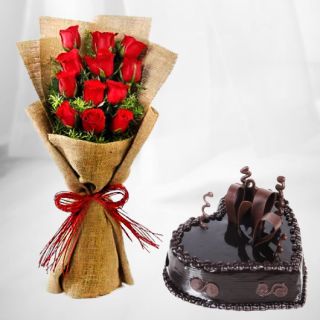 Bunch of 10 red roses in jute packing with heart shape chocolate fantasy cake 