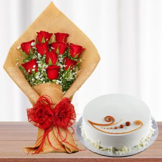 Bunch of 10 red roses in jute packing with vanilla cool cake 