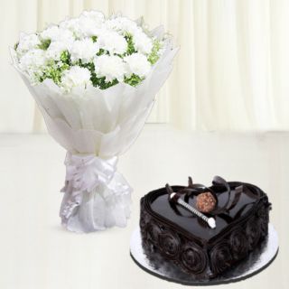 Bunch of 10 white carnations with  heart shape chocolate truffle cake 