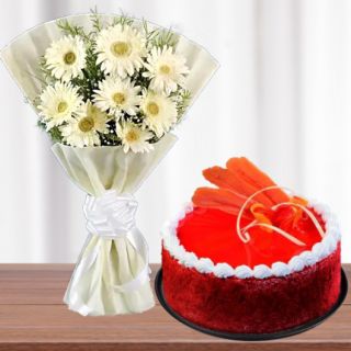 Bunch of 10 white gerberas with red velvet cake 