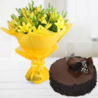Bunch of 10 yellow asiatic lilies with choco chips cool cake 