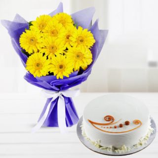 Bunch of 10 yellow gerberas with vanilla cake 
