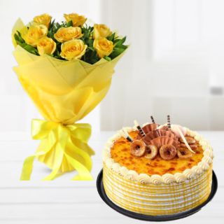 Bunch of 10 yellow roses with honey cool cake 