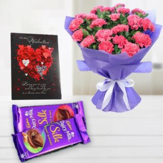 Bunch of 12 pink carnations with 2 dairy milk silk, valentine greeting card