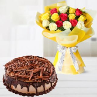 Bunch of 12 mix roses with half kg chocolate cheese cake 