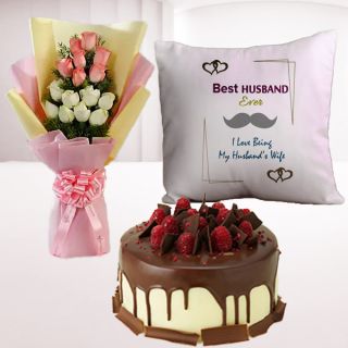 Bunch of 12 pink and white roses, photo cushion, 1 pound choco strawberry cake 