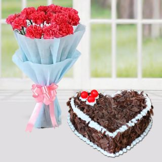 Bunch of 12 pink carnations with black forest heart shape cake 