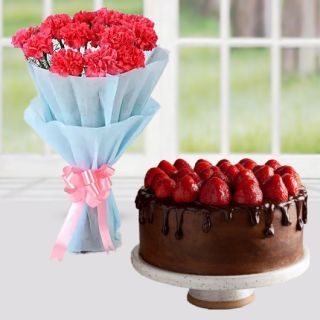 Bunch of 12 pink carnations with chocolate strawberry cake 