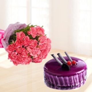 Bunch of 12 pink carnations with half kg black currant cake 