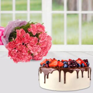 Bunch of 12  pink carnations with chocolate fruit cake 