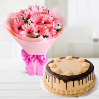 Bunch of 12 pink gerberas with chocolate cake 