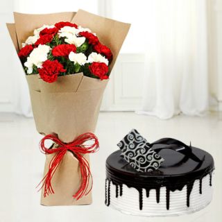 Bunch of 12 red and white carnations with choco vanilla cool cake 