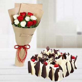 Bunch of 12 red and white roses with half kg white forest premium quality cake 