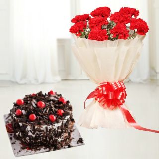 Bunch of 12 red carnations with black forest cake