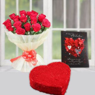 Bunch of 12 red roses, 1 kg heart shape red velvet cake, with valentine greeting card 