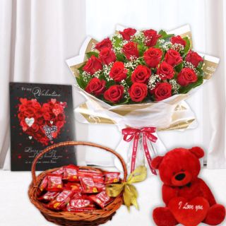 Bunch of 12 red roses, basket of kit kat chocolates, valentine day greeting card, with 6 inch red teddy bear 