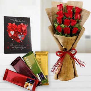 Bunch of 12 red roses in jute packing,set of 4 temptations chocolates, valentine greeting card 