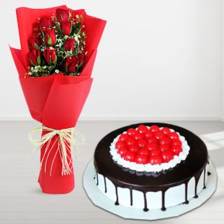 Bunch of 12 red roses with premium black forest cool cake 