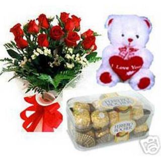 Bunch of 12 Red Roses with 6 inch teddy and 16 pcs Ferrero Rocher Chocolates