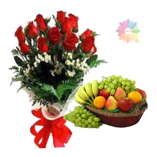 Bunch of 12 red roses with basket of 2 kg mix fruit basket 
