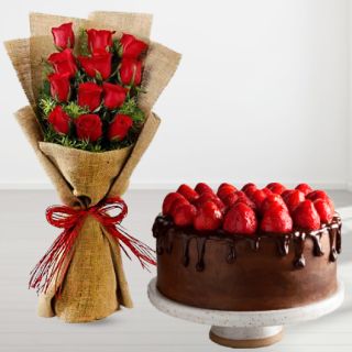Bunch of 12 red roses in jute packing with choco strawberry cake 