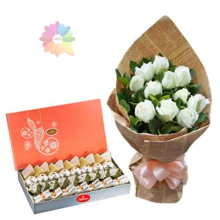 Bunch of 12 white roses with 1 kg assorted sweets 