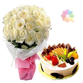 Bunch of 12 white roses with 1 pound mix fruit cake