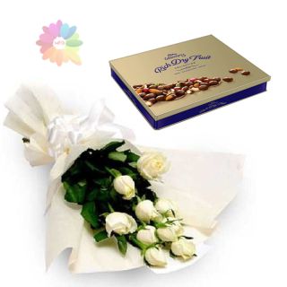 Bunch of 12 white roses with cadburys premium dryfruit chocolates