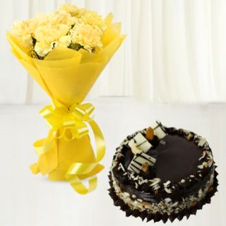 Bunch of 12 yellow carnations with chocolate delight cake 