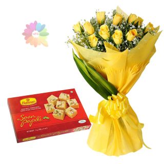 Bunch of 12 yellow roses with 1 kg soan papdi sweets