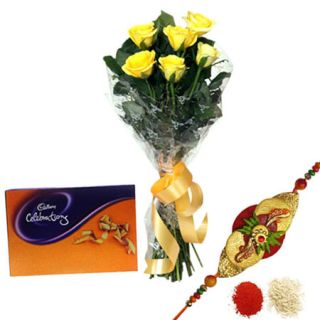 Bunch of 12 yellow roses with box of celebration with 1 rakhi and roli chawa