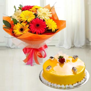 Bunch of 15 mix colour gerberas with mango cool cake 