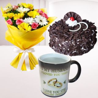 Bunch of 15 mix flowers, half kg black forest cake, with photo mug 