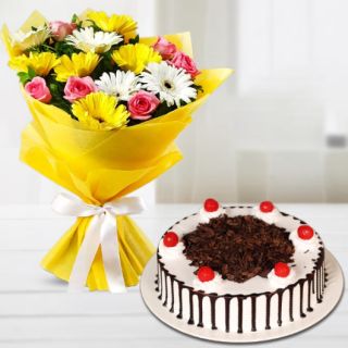 Bunch of 15 Mix flowers with black forest cake 
