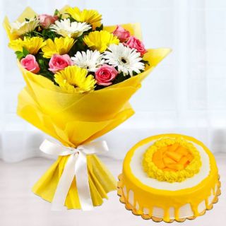Bunch of 15 mix flowers with half kg premium quality mango cake 
