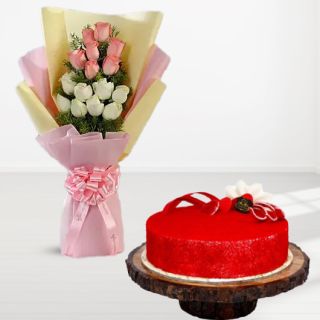Bunch of 15 pink and white roses with red velvet cool cake 