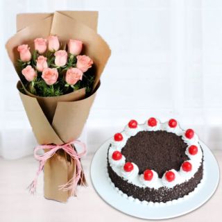 Bunch of 15 pink roses with black forest cool cake 