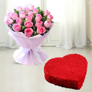 Bunch of 15 pink roses with heart shape red velvet cake 