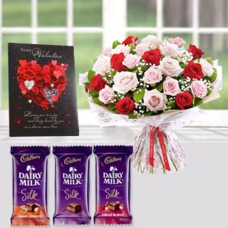 Bunch of 15 red and pink roses, 3 dairy milk silk chocolates, with valentine greeting card 