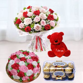 Bunch of 15 red and pink roses , 6 inch red teddybearm floral theme cake, with 16 pcs rocher ferrero chocolates 