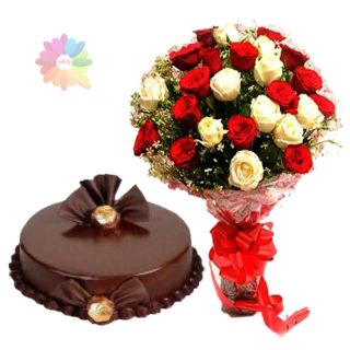 bunch of 15 red and white roses with 1 pound double chocolate cake