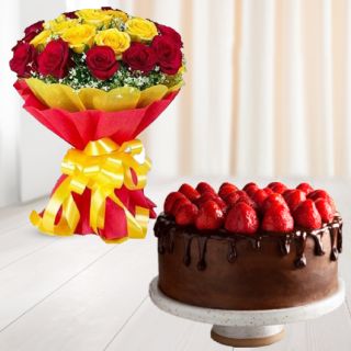 Bunch of 15 red and yellow roses with choco strawberry cool cake 
